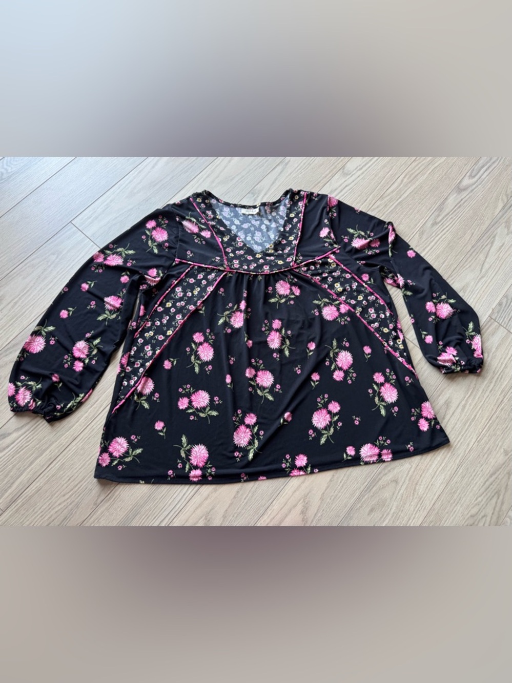 Style & Co. Black Floral V-Neck Tunic with Pink Blooms
